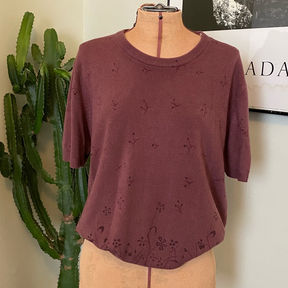 Vintage Cashmere Blend Knit Sweater Tee M | Mauve Floral Coquette Aesthetic